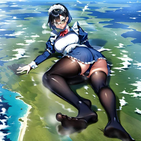 multiple girls, Giantの芸術, 非常に詳細なGiantショット, Giant, short hair, A huge beautiful girl that is much bigger than a skyscraper, wearing rimless glasses, big breasts, big ass, navy maid uniform, black pantyhose, pantyhose barefoot, Steam comes out from the soles...