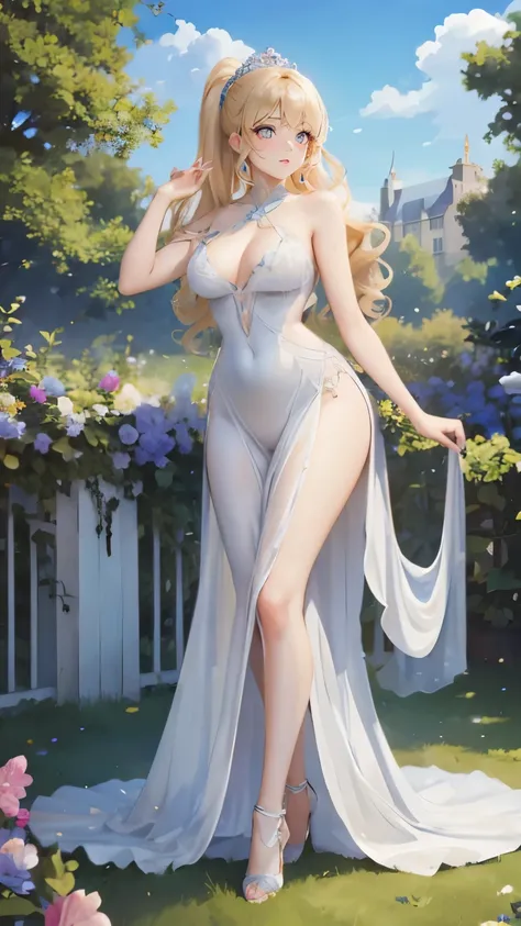 (masterpiece:1.2), (highest quality:1.2),, Curvy but slender body, perfect eyes, perfect face, perfect lighting, 1 girl, in the garden, （sexy pose），（tiara），（party dress），（full body shot），（ponytail），（cute gesture），curly hair, fine clothes, detailed outdoor ...