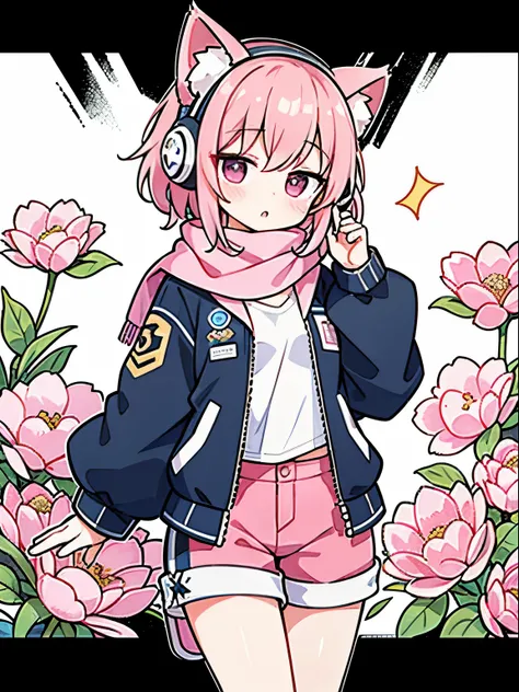 8K resolution、((highest quality))、((masterpiece))、((super detailed))、1 female、solo、headphones、small breasts、Cat ear、pink short hair、scarf、hot pants、oversized jacket