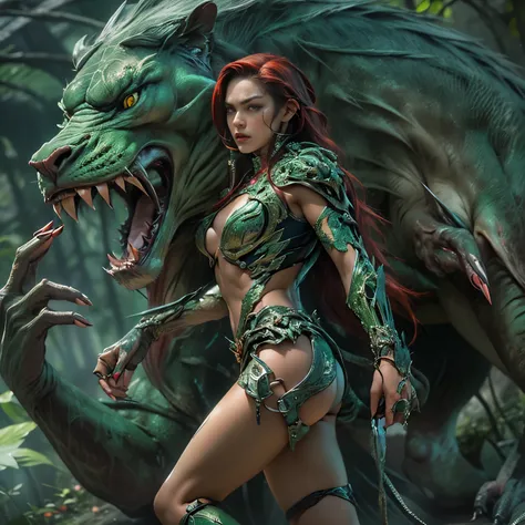 1 female alien, The predator, (extremely beautiful:1.2), (intense gaze:1.4), (predator:1.1), long dark claws, (NSFW:1), nipples, thick eyebrows, (She has shining emerald green eyes:1.2), the most beautiful face in the universe, red hair, symmetrical beauti...