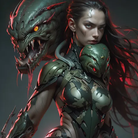 1 female alien, The predator, (extremely beautiful:1.2), (intense gaze:1.4), (predator:1.1), long dark claws, (NSFW:1), nipples, thick eyebrows, (She has shining ruby green eyes:1.2), the most beautiful face in the universe, sky blue hair, symmetrical beau...