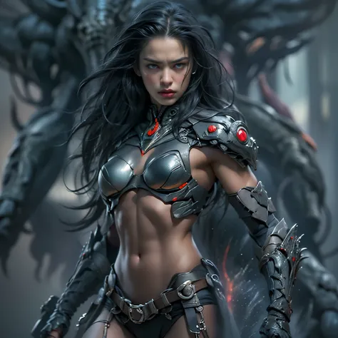 1 female alien, the predator, (extremely beautiful:1.2), (intense gaze:1.4), (predator:1.1), long dark claws, (nsfw:1), nipples,...