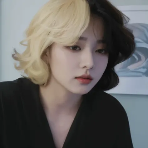 mulher loira com camisa preta olhando para o celular, taejune kim, com cabelo curto, inspirado em jeonseok lee, Yoongi de cabelo preto, retrato de lofi, Steven Jung, retrato suave fotografado em 8k, foto colorida, xqc, inspirado em Yanjun Cheng, retrato co...