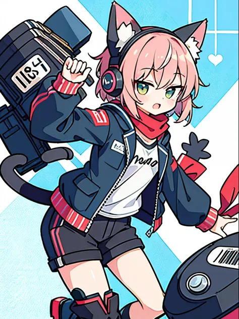 8K resolution、((highest quality))、((masterpiece))、((super detailed))、1 female、solo、headphones、small breasts、Cat ear、pink short hair、scarf、hot pants、oversized jacket