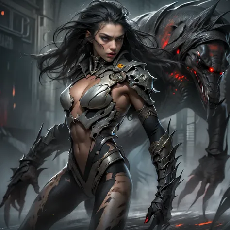 1 female alien, The predator, (extremely beautiful:1.2), (intense gaze:1.4), (predator:1.1), long dark claws, (NSFW:1), nipples, thick eyebrows, (She has shining dark black eyes:1.2), the most beautiful face in the universe, jet black hair, symmetrical bea...