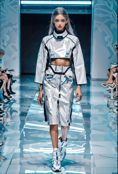 futuristic fashion show, Beautiful and cute perfect model, , High-tech catwalks，simple Cyber casual skirt, Spring collection, (gray hair, blue eyes:1.4),