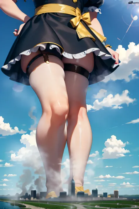 Giantの芸術, 非常に詳細なGiantショット, Giant, short hair, A huge beautiful girl that is much bigger than a skyscraper, wearing rimless glasses, big breasts, big ass, navy maid uniform, black pantyhose, pantyhose barefoot, Steam comes out from the soles of the feet, ve...