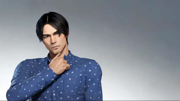 Asian man in a blue shirt holding his head with his hands, handsome stunning realistic, expression, :: octane render, detailed image, human face realistic