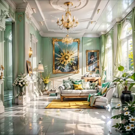 Megapolis modern interior, large living room, Style (High-Tech), (Modern), Best quality, (Surrealism: 1.3)). (Lots of fresh flowers, in simple glass vases, of different shapes, decorated with lilies, a lot of flowers in glass vases, amazing looking flowers...