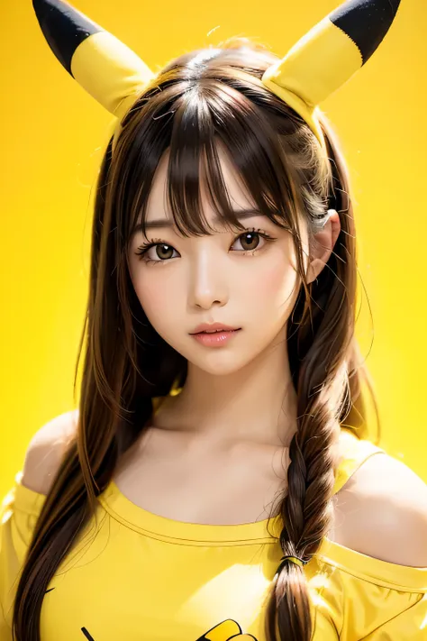 (8k, masterpiece, highest quality),girl１name、pikachu、yellow clothes、simple yellow background、head shot