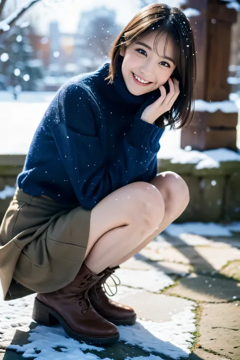 She looks happy when she sees this、winterのセーター、(table top:1.3, Photoreal:1.4, 8k), highest quality, masterpiece, 超A high resolution, perfect dynamic composition, Highly detailed skin and facial textures:1.3, detailed eye, Detail of limbs, winter, it&#39;s ...