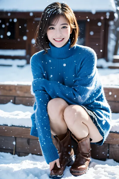 She looks happy when she sees this、winterのセーター、(table top:1.3, Photoreal:1.4, 8k), highest quality, masterpiece, 超A high resolution, perfect dynamic composition, Highly detailed skin and facial textures:1.3, detailed eye, Detail of limbs, winter, it&#39;s ...