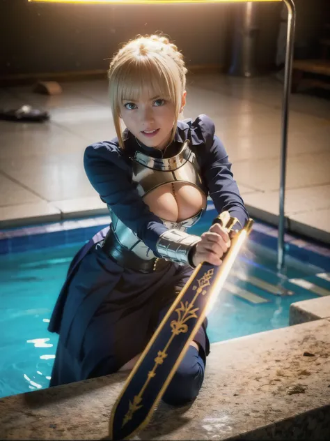 1girl,(((17 years old))),(a blond), (braided single hair bun)), (huge breast:1.5), (((armor))), ((beautiful anime eyes with fine detail)), ((indigo blue ribbon)), (seductive smile:1.3), realistic skin, (intricate details), ((lighting forward)), depth fiel...