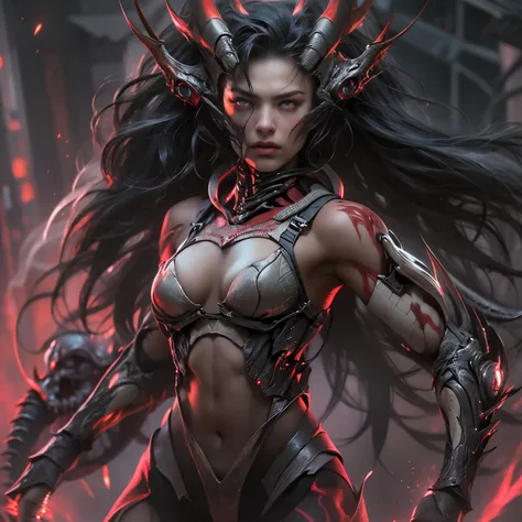 1 female alien, The predator, (extremely beautiful:1.2), (intense gaze:1.4), (predator:1.1), long dark claws, (NSFW:1), nipples, thick eyebrows, (She has shining pink eyes:1.2), the most beautiful face in the universe, jet black hair, symmetrical beautiful...