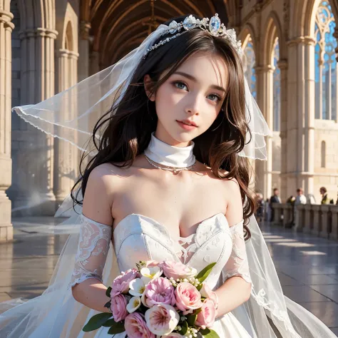 only 1 girl, huge laugh, Very pretty, beautiful eyes, make her sit, cute teen, sweet, sun glare, Conservative attire, turtleneck wedding dress, bridal tiara, bridal veil, bouquet, depth of field, blurred background, Cathedral Background, light particles, s...