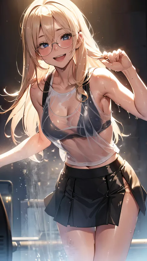 1 female,golden hair,25 years old,(((blue shiny micro tight skirt)))((white tank top))(((blush、open mouth smile)),(((straight hair))),(((portrait))),crowd,,(wet with sweat)(sexy black bra and see-through tank top)(Glasses)(((small breasts)))