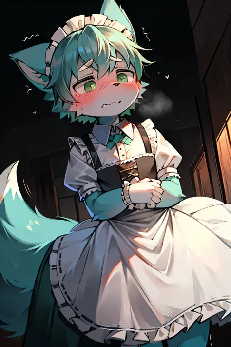 Maid clothes、light blue-green fox、Junior high school freshman、dark green eyes、160 centimeters、white hands、disgusting face、embarrassed face、male