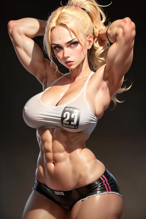 (1girl), large breasts, tan, dewy skin, sweaty skin, wavy blonde hair, punk tshirt, punk girl, muscles, abs, glowing eyes