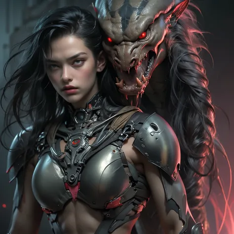 1 female alien, the predator, (extremely beautiful:1.2), (intense gaze:1.4), (predator:1.1), long dark claws, (nsfw:1), nipples,...