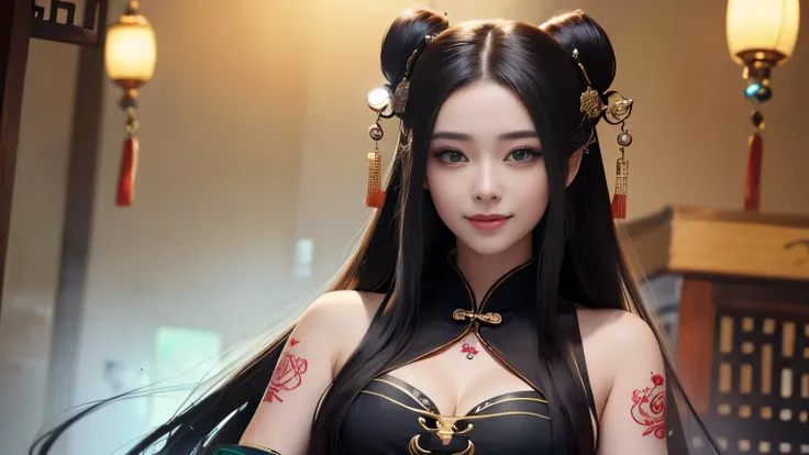 realistic, High resolution, 1 female, hip up, beautiful eyes, Ring-shaped eyes, jewelry, tattoo, Hanfu, chinese fairy, taoist uniform、cleavage、smile