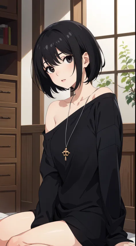 High resolution, masterpiece, Ruka Sarashina, short hair, black hair, (solo), 1girl, cute, interior, detailed eyes, (black eyes)