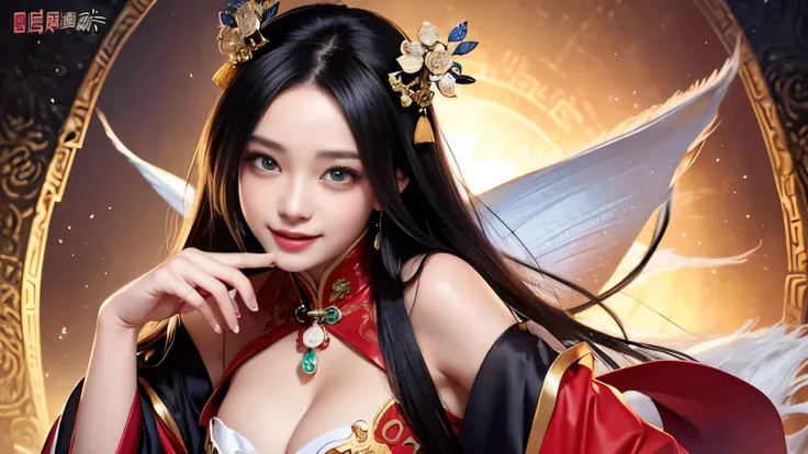 realistic, High resolution, 1 female, hip up, beautiful eyes, Ring-shaped eyes, jewelry, tattoo, Hanfu, chinese fairy, taoist uniform、cleavage、smile