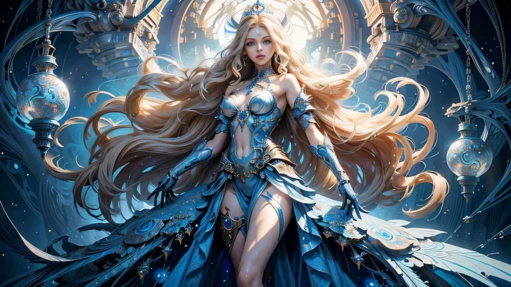 (masterpiece, of the highest quality, Best Quality, Official art, Beautiful fairy queen with big blue eyes with intricate intertwined mechanical metal and aesthetic:1.2), (1girl in), ighly detailed,(Fractal Art:1.3),Colorful,highest details, she has long b...