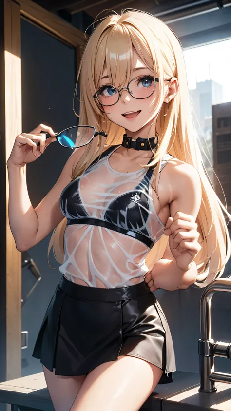 1 female,golden hair,25 years old,(((blue shiny micro tight skirt)))((white tank top))(((blush、open mouth smile)),(((straight hair))),(((portrait))),crowd,,(wet with sweat)(sexy black bra and see-through tank top)(Glasses)(((small breasts)))