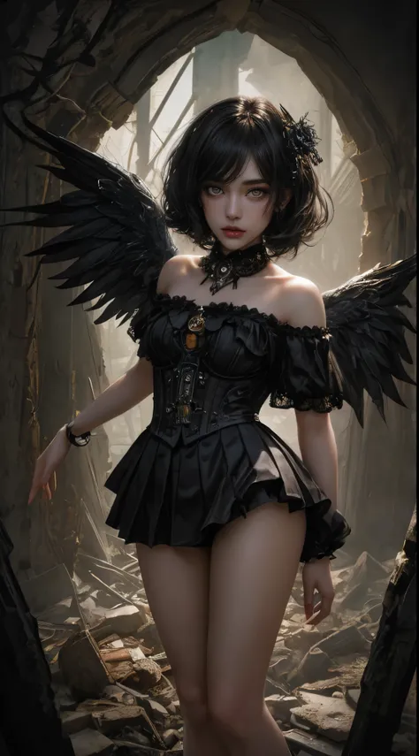 Machine doll girl, very cute and very adorable, 14 years old, very short bob with bangs, Shiny jet-black hair, off the shoulder, (((very super realistic))), (very realistic and accurate eye))), mirror polished excessive steampunk, skeleton body, iridescent...