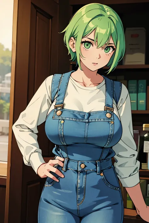 Cute girl, short light green hair, big breasts, Fitini overall jeans