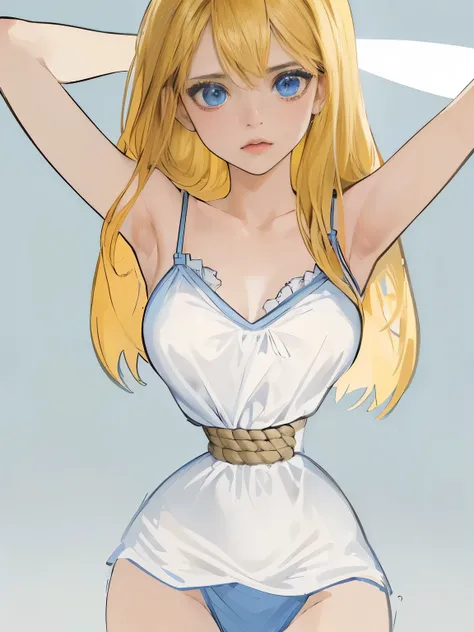 ((masterpiece)), ((best quality)), (ultra-detailed), torture room,(((rope strongly bound waist))),a cute girl, 1girl, solo,camisole,beautiful blonde hair, (beautiful blue eyes), long hair, expression of agony