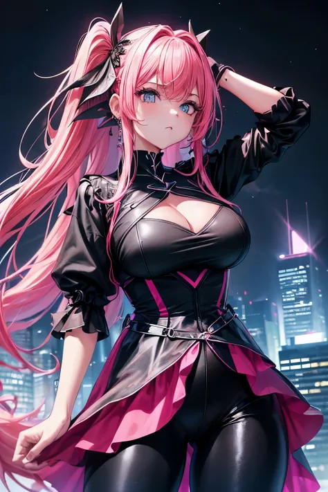 anime, (obra de arte, melhor qualidade, ultra-detalhado, alto contraste), 1 mulher adulta (Sozinho, corpo inteiro,  corpo plus size, standing on the edge of the skyscraper,  cabelo prateado, CABELO LONGO E FLUXO, olhos vermelhos brilhantes de rubi, (vestid...