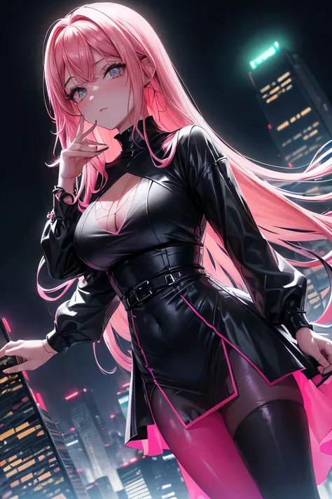 anime, (obra de arte, melhor qualidade, ultra-detalhado, alto contraste), 1 mulher adulta (Sozinho, corpo inteiro,  corpo plus size, standing on the edge of the skyscraper,  cabelo prateado, CABELO LONGO E FLUXO, olhos vermelhos brilhantes de rubi, (vestid...