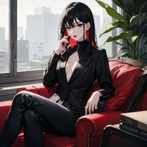 1 person, Sitting on the sofa, holding mobile phone, black hair, black eyes, red lips, black suit, doubt, tangled, masterpiece, best quality