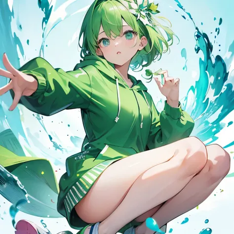 ８K, highest quality, masterpiece, super detailed、pastel green beauty、Uplifting movement、Uplifting、ridicule、Wearing a large pastel green hoodie、pastel green sneakers、jumping、angle from below、whole body、Emitting an aura、Fashion magazine cover