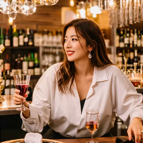 woman sitting at table，手里holding a glass of wine和一双筷子, 她holding a glass of wine, enjoy a glass of wine, holding a glass of wine,...