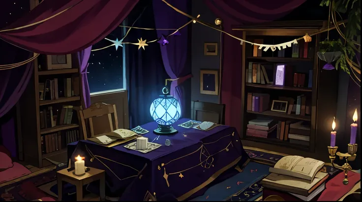 The room is hung with purple curtains, fortune teller&#39;s tent, stars on fabric, table, fortune telling ball, Books, candles, no window, closed tent