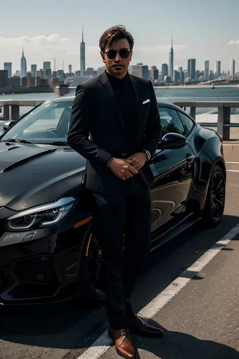 successful man, confidently standing in front of a luxury sports car, wear a formal suit and sunglasses, against the backdrop of the city landscape.