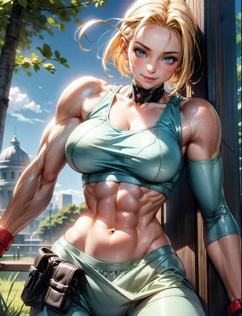 cammy 6 ,1girl , solo , tank top , yoga pant, abs, short hair , blonde hair , open jacket ,blue eyes , outdoor , standing , smile , happy , upper body , scar on cheeks ,gloves,The scene is bright and sunny, with lush greenery in the background.