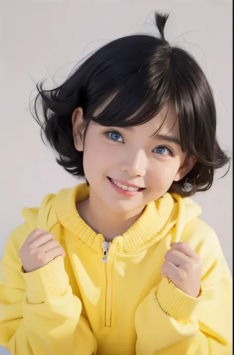 1fimale, uzumaki himawari in anime boruto the next generation, short hair, black hair, blue eyes, yellow clothes, realistic clot...