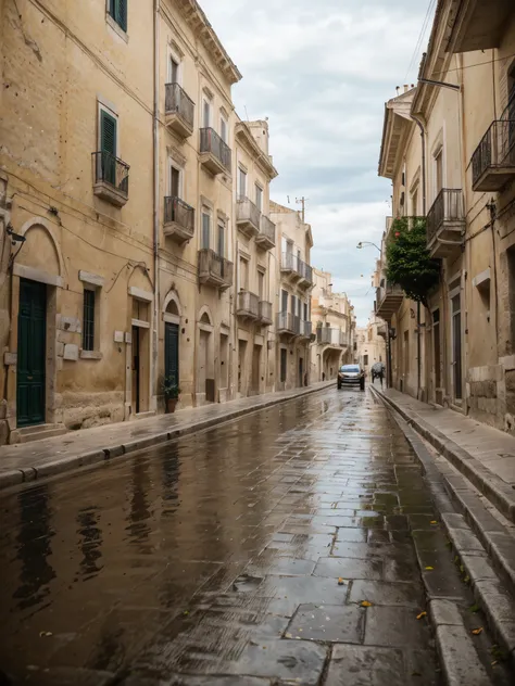 a car runs down the streets of Matera, in sassi_di_matera, obstacles on the road, rain, rain puddles on the path