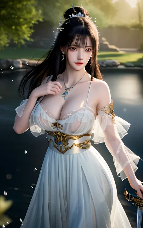 best quality,masterpiece,highres,cg, 1girl,weapon,sword,long hair,dress,water,solo,jewelry,white dress,earrings,hair ornament,splashing,upper body,hair bun,black hair, lighting,candid,Photograph,high resolution,4k,8k,Bokeh,huge breasts