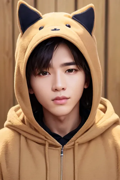 1 person、high quality、masterpiece、4k、、realistic skin、rough skin、(close-up shot of face:1.23)、、dog headgear、dog hoodie、dog hooded...