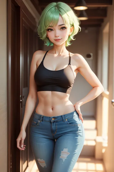 Cute girl, short light green hair, arousing, Fitini overall jeans, smile, sexy 