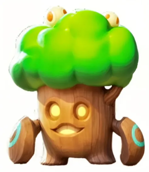 Whimsical, Anthropomorphic tree, Thick brown trunk, Bark texture, Cheerful face, Two eyes, Friendly smile, Arm-like branches, Rounded hands, Lush green treetop, Rounded bush shape, Light-colored spots, Flowers or fruits, Cartoonish vibe, Fantasy, Childrens...