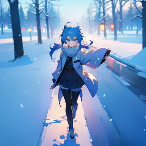 Girl smiling walking from the snow，anime style
