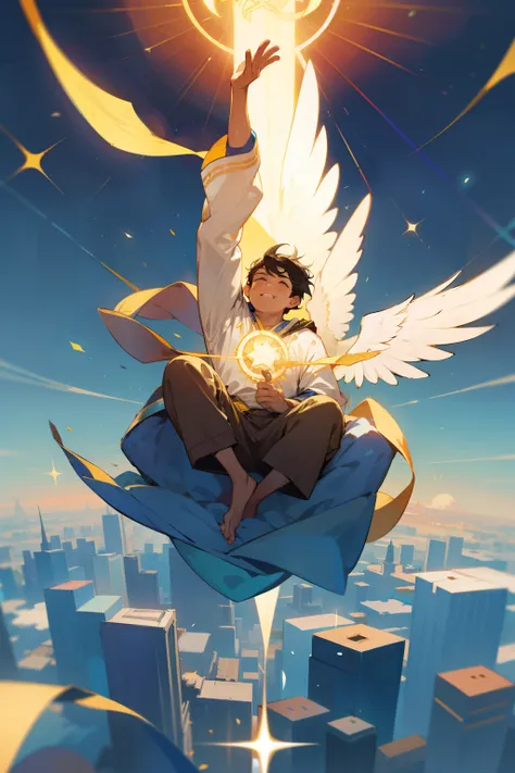 Fat and poor boy, falling from a towering building, head cracks open, revealing a divine glow – suddenly he flies upwards, golden aura enshrouding him. Ascending to heaven, he is greeted with reverence, becoming the honoured one among the celestial beings.