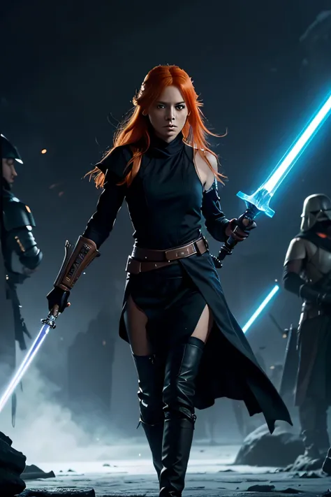 When a female orange-haired Jedi, dressed is sexy black pirate clothes, with an ice-blue energy sword begins to feel the pull of the dark side but fight against several dark enemies inside a futuristic jedi temple.