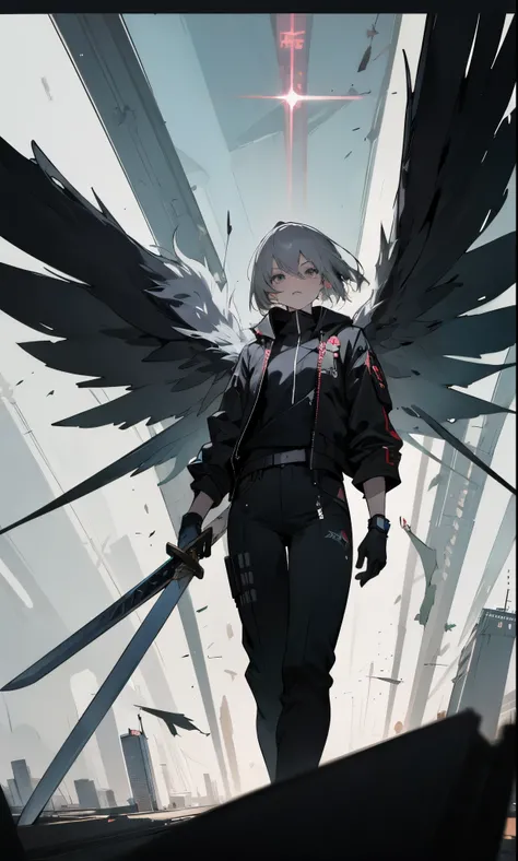 Gray-haired grant with sword and wings in front of the metropolis、Cyberpunk style in front of surreal style anime style