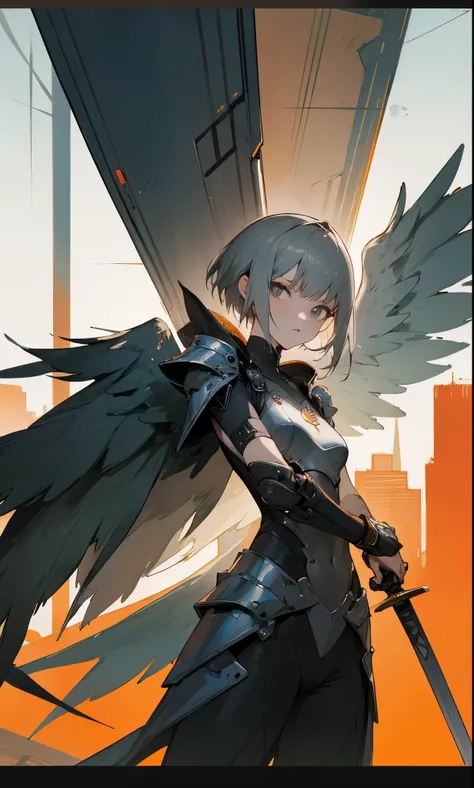 Gray-haired grant with sword and wings in front of the metropolis、Slender and attractive style、revealing armor、Orange Shorthair、Cyberpunk style in front of surreal style anime style